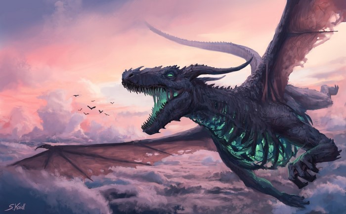 Dark dragon flying through clouds at sunset