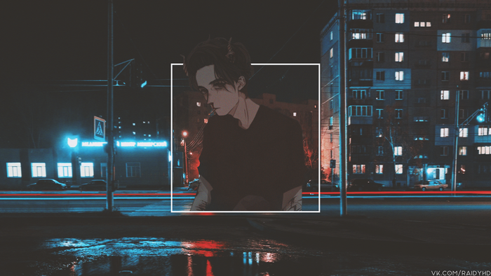 Anime boy in picture-in-picture with city at night