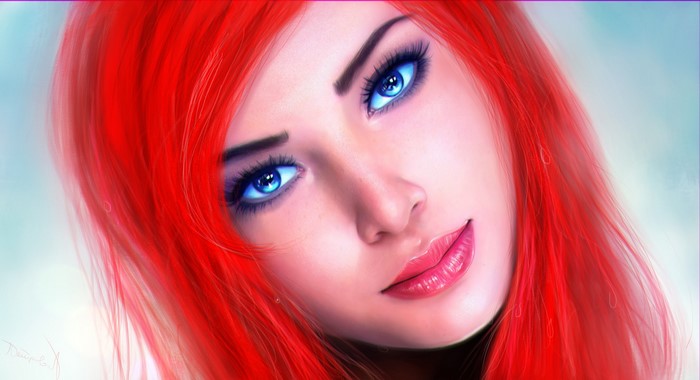 Artwork of a redhead woman with blue eyes