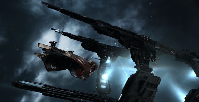 Spaceship docked at a space station in EVE Online