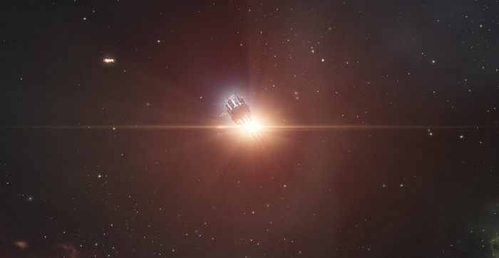 EVE Online spaceship in space with bright light