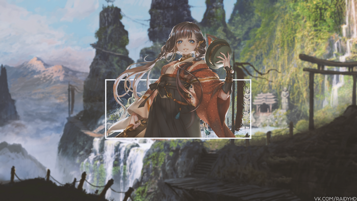 Anime girl in traditional Japanese attire in a scenic landscape