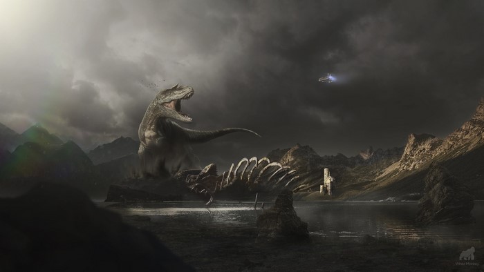 Dinosaur skeleton and spaceship in a dark landscape
