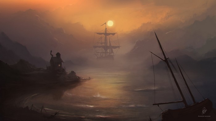 Sailing ship in fog at sunset with shipwreck