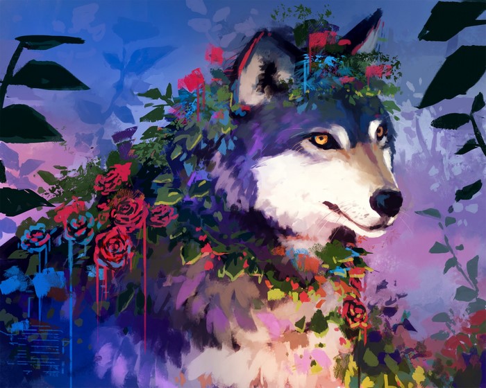 Wolf adorned with colorful roses and plants