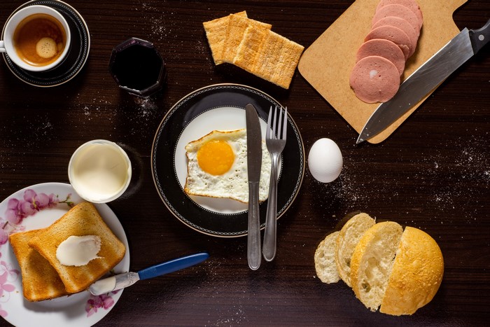 Breakfast with eggs, toast, and sausage