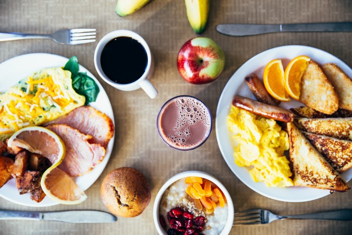 4K Breakfast with Eggs, Sausage, and Fruit