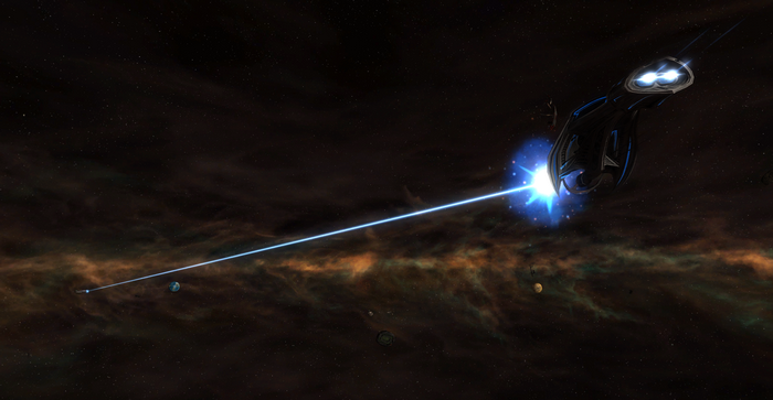 Spaceship firing a blue laser in Sins of a Solar Empire