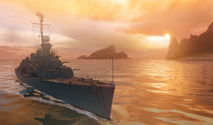 World of Warships screenshot of a naval ship at sunset