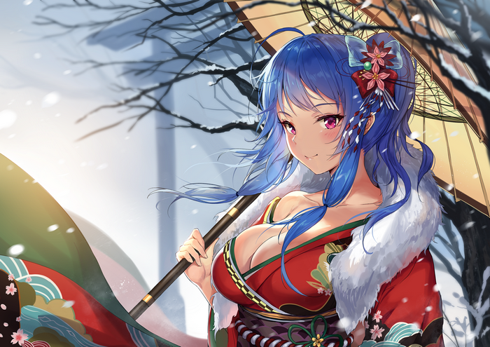St. Louis from Azur Lane holding a Japanese umbrella in winter