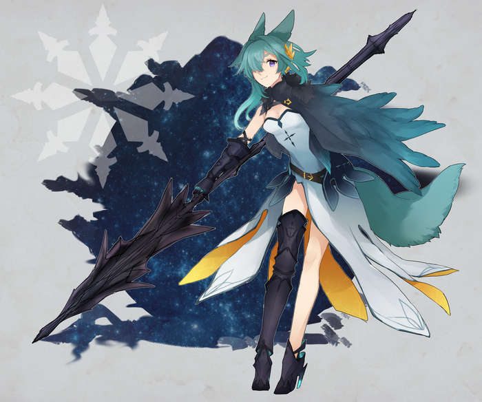 Fantasy girl with spear and snowflake background