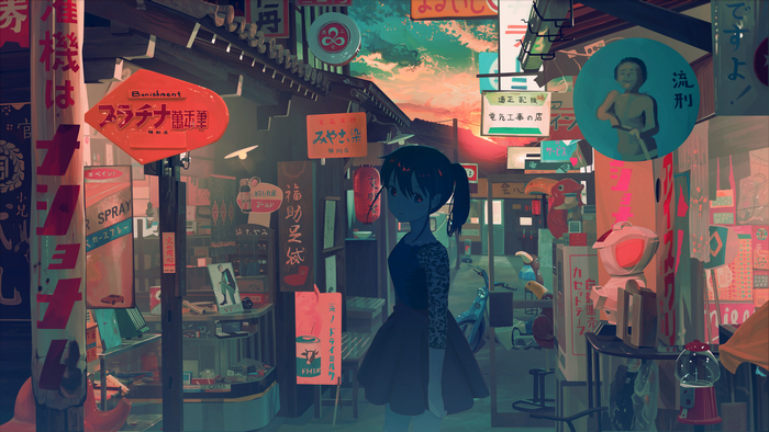 Anime girl in a Japanese street at sunset