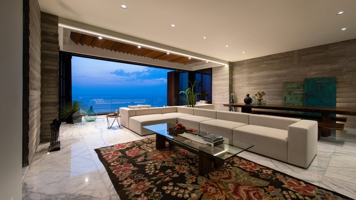 Modern living room with ocean view