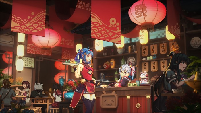Anime restaurant with characters serving food