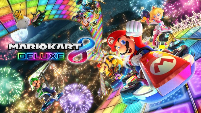 Mario Kart 8 Deluxe with Mario, Luigi, and Peach