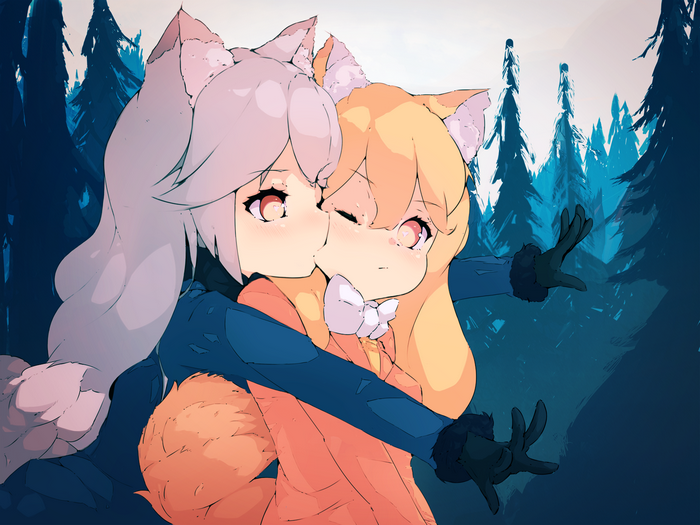 Two anime fox girls hugging in a forest