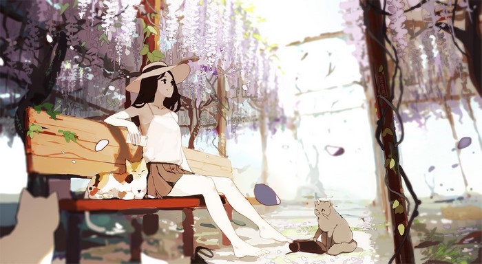 Anime girl with cats sitting on a bench under wisteria
