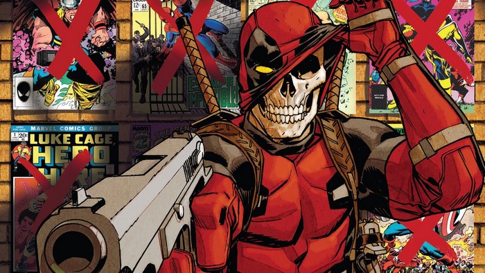 Deadpool with skull face holding a gun