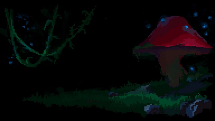 Pixel art of a mushroom with glowing lights in a dark forest