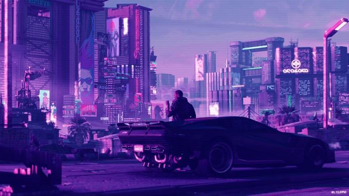 Cyberpunk 2077 futuristic city with car and man