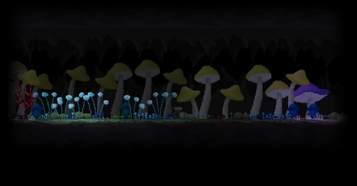 Pixel art of a dark cave with glowing mushrooms