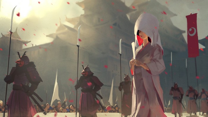 Samurai procession with a woman in traditional attire