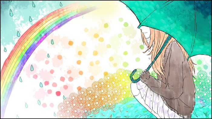Girl with umbrella in the rain with rainbow and flowers