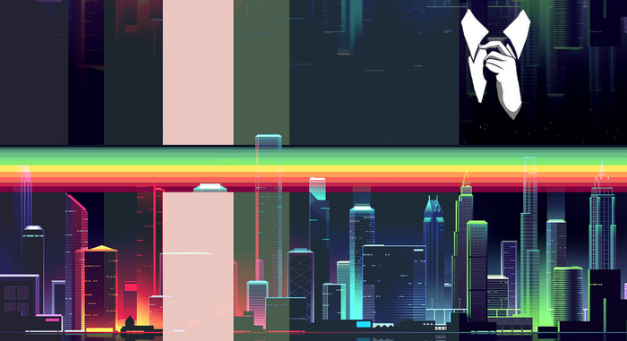 Anonymous figure in a suit over a neon cityscape