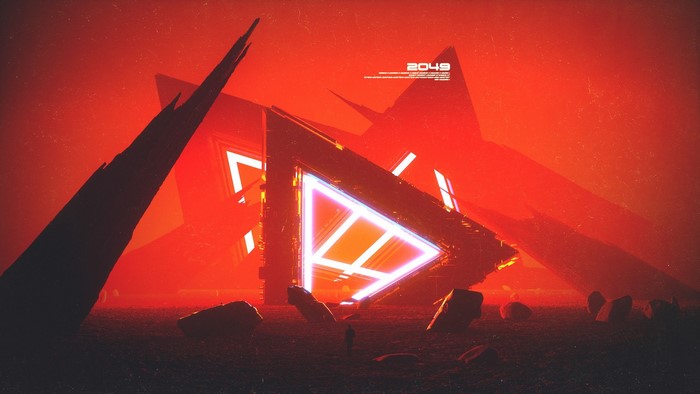 Futuristic triangular structure with "2049" text