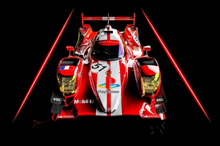 Red Chrysler race car with PlayStation livery