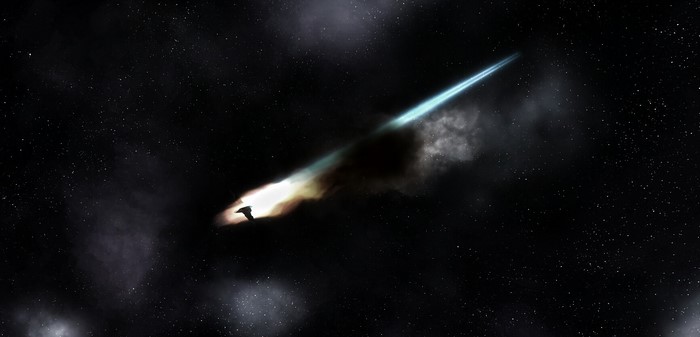 Spaceship leaving a trail of light and smoke in space