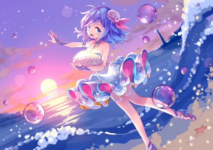 Anime girl with blue hair and eyes at sunset