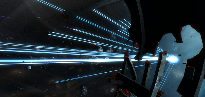 Space battle with blue lasers in Sins of a Solar Empire