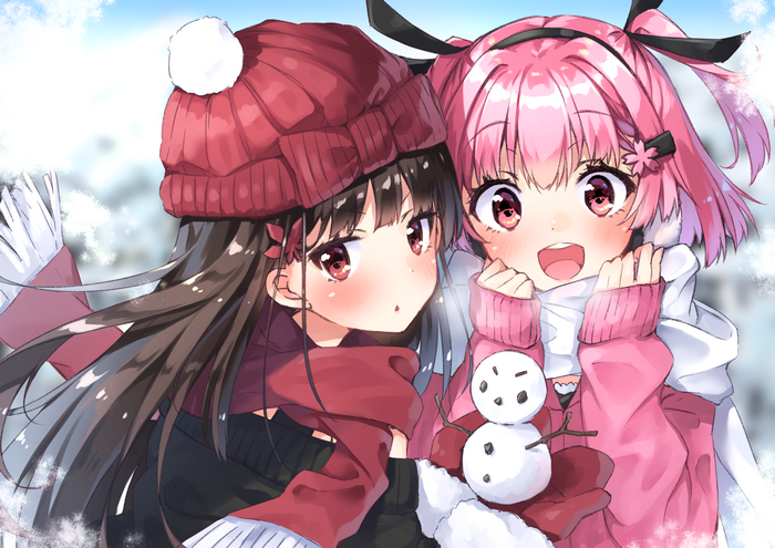 Two anime girls in winter clothes holding a snowman