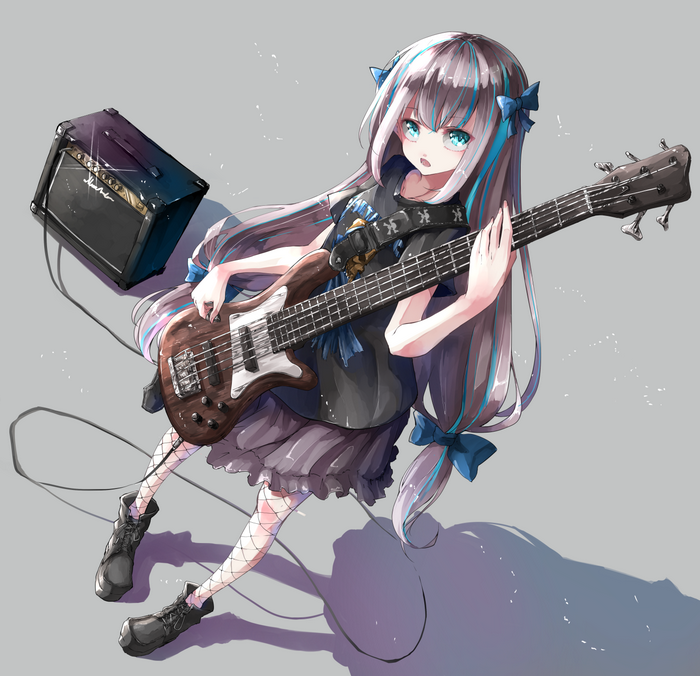 Anime girl playing a bass guitar with amplifier