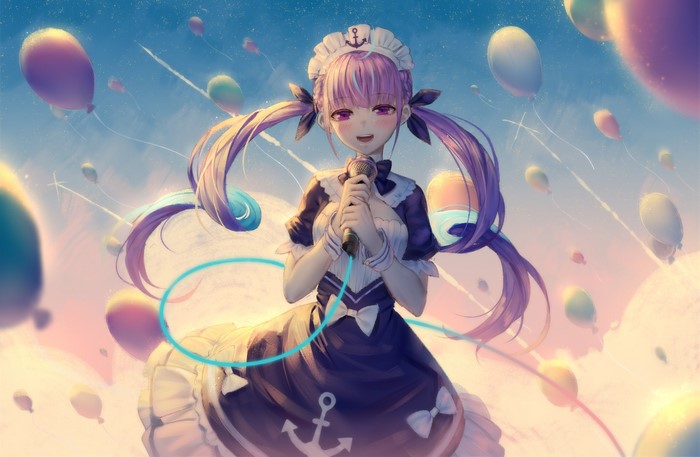 Minato Aqua from Hololive singing with balloons