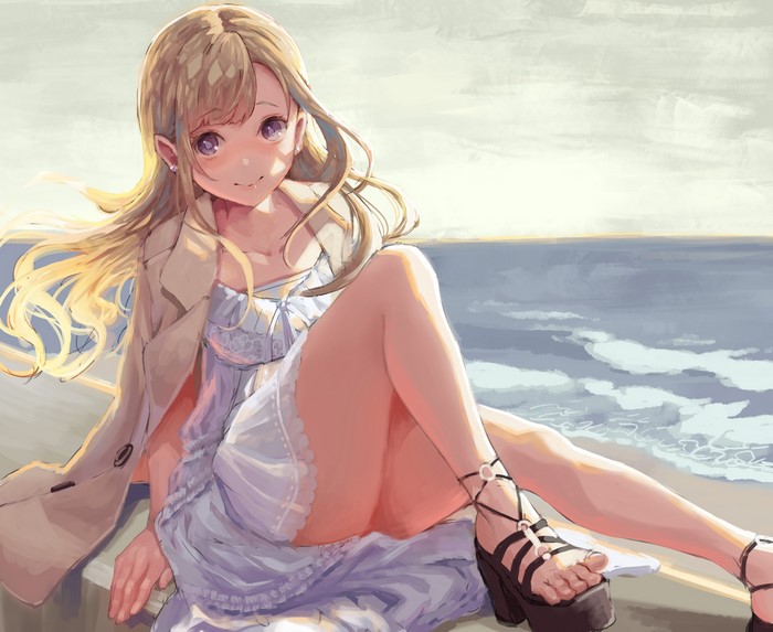 Anime girl with blonde hair at the beach