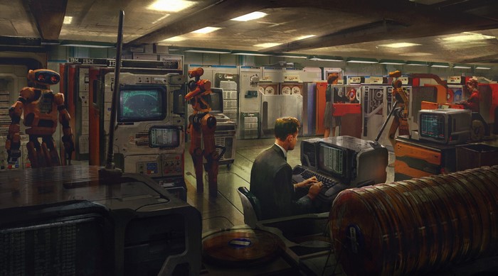 Robots and Man in Retro IBM Computer Room