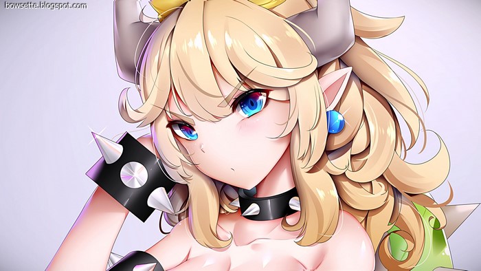 Bowsette from Super Mario with blonde hair and blue eyes