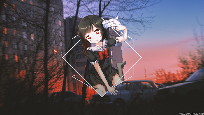 Anime girl with gun in front of apartment buildings