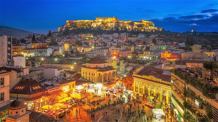 Athens at night with the Acropolis illuminated