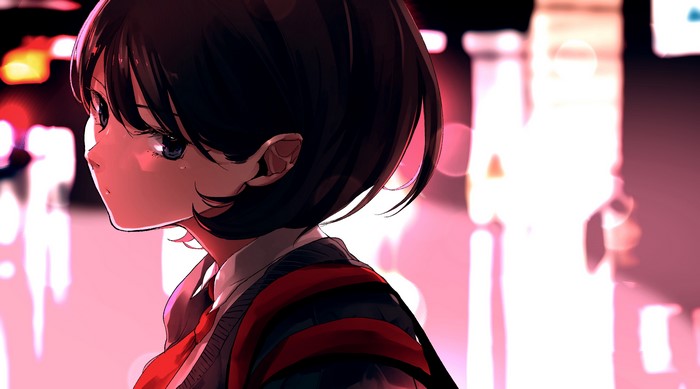 Anime girl with dark hair in school uniform