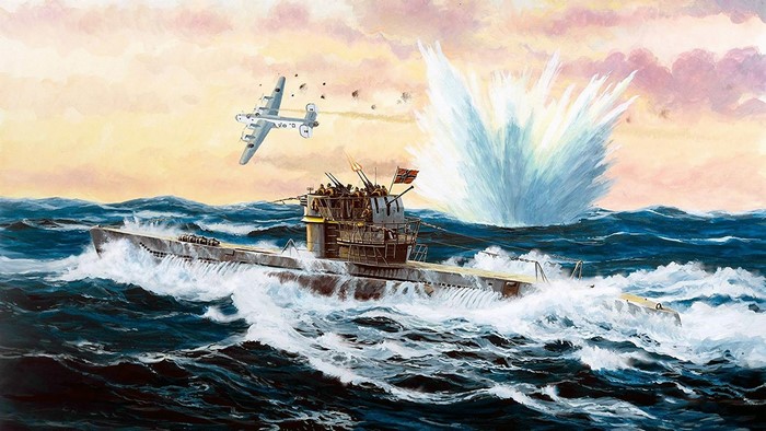 Artwork of a submarine under attack by an airplane