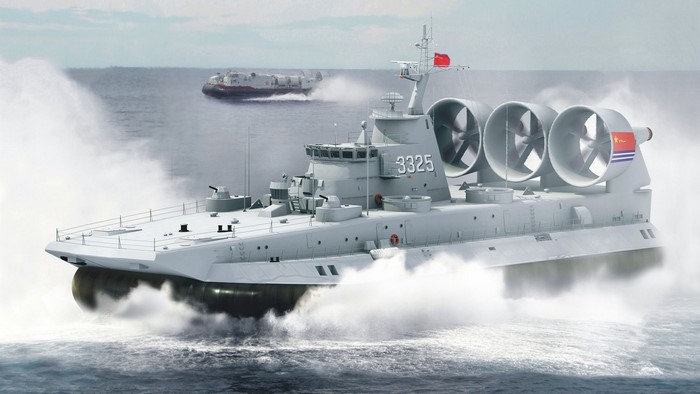 Military hovercraft with number 3325 on the sea