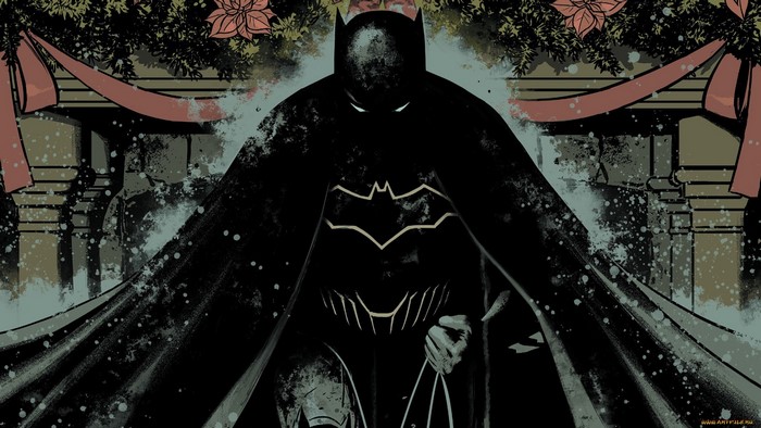 Batman in a dark, snowy setting with holiday decorations