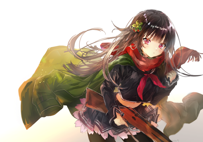 Anime girl with red eyes and scarf holding a rifle