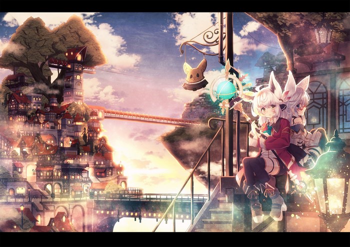Anime girls with fox ears sitting on stairs