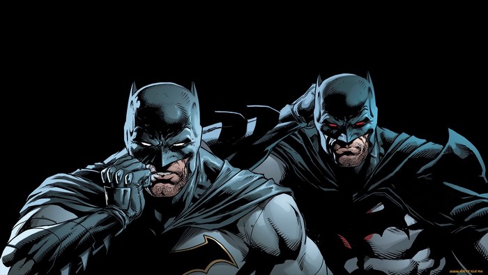 Two Batmen in comic art with red eyes