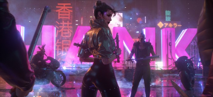 Cyberpunk women with swords and bikes in neon city