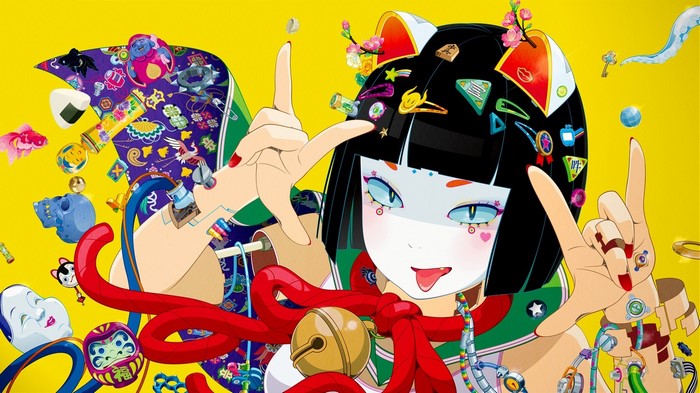 Anime girl with cat ears and Japanese cultural items